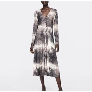 Zara Snakeskin Long Sleeve V Neck Button Down Midi Dress Stretchy M Beige Brown